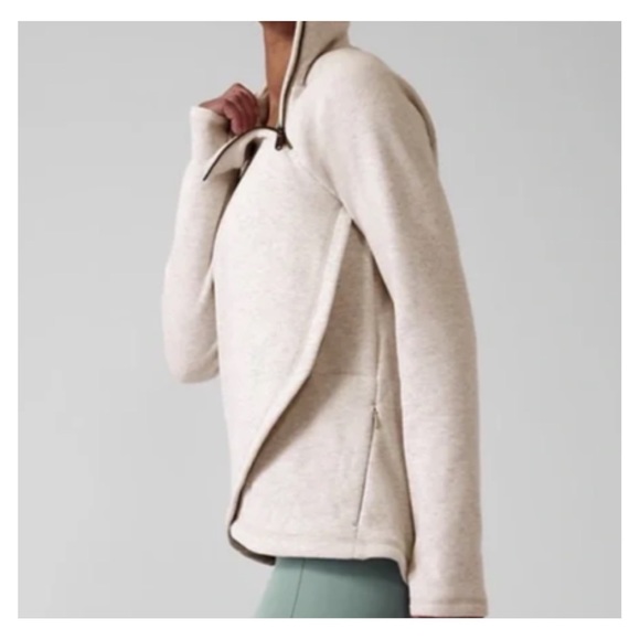 Athleta Cozy Karma Asymmetric Fleece Mock Neck Funnel Pullover Oatmeal Heather - Picture 4 of 16